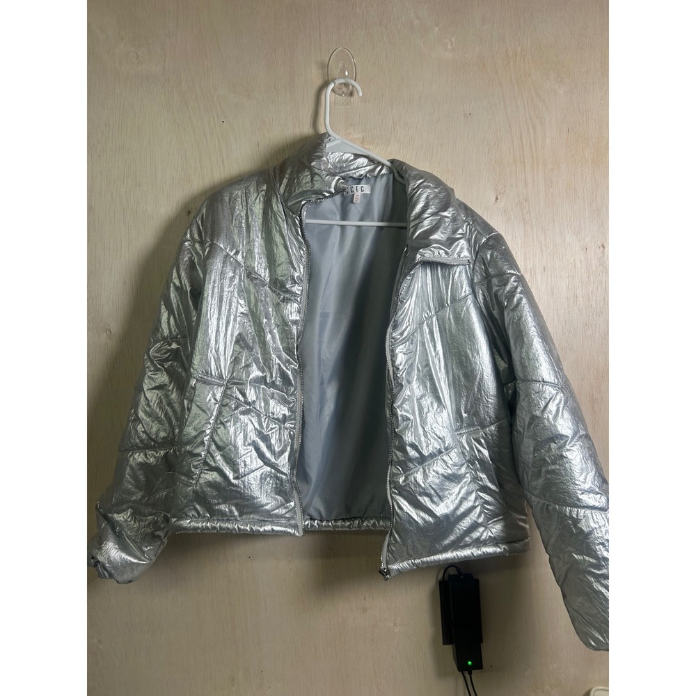 TCEC Puffer Jacket Women Small Silver Excellent Metallic Quilted Zip Up CJ6312